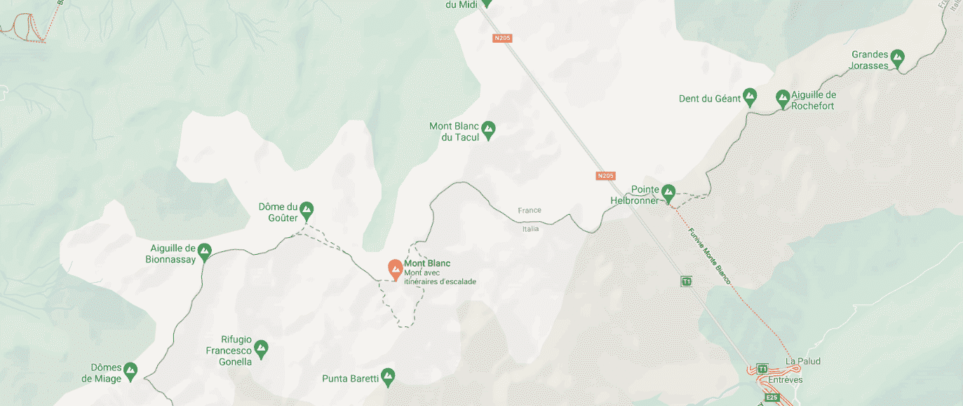 Extrait de la carte du massif du Mont Blanc de Google Maps