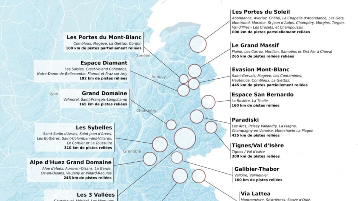 Carte des domaines skiables des Alpes