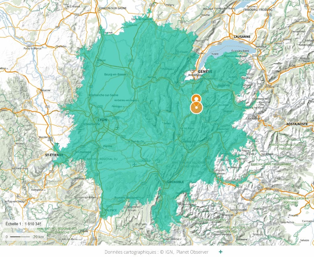 Carte du territoire à moins de 2 heures d'Annecy