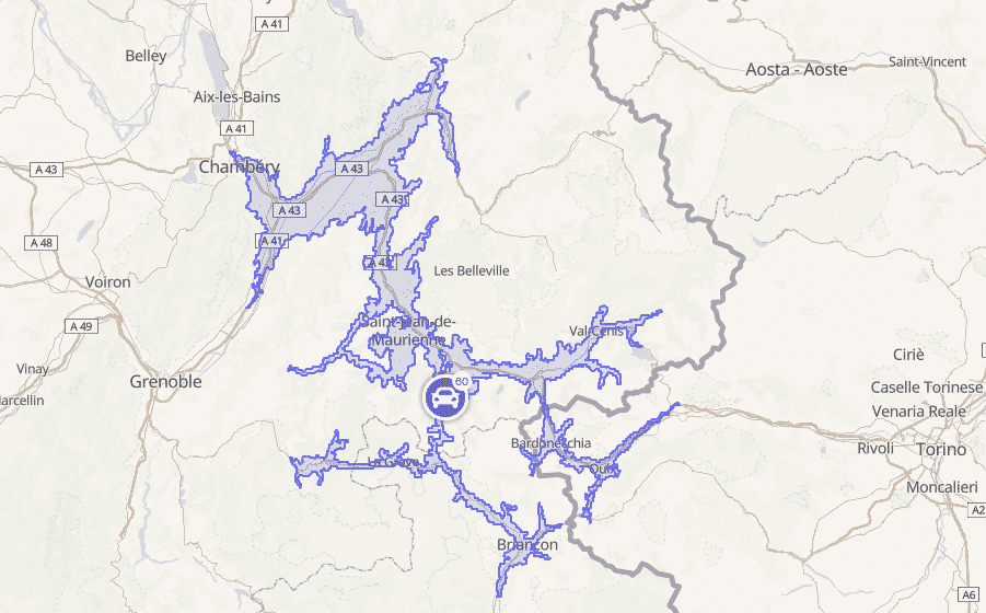 Carte des endroits à moins d'une heure de Valloire