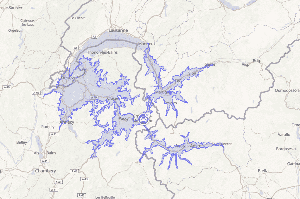 Carte territoire accessible à 1h autour de Chamonix