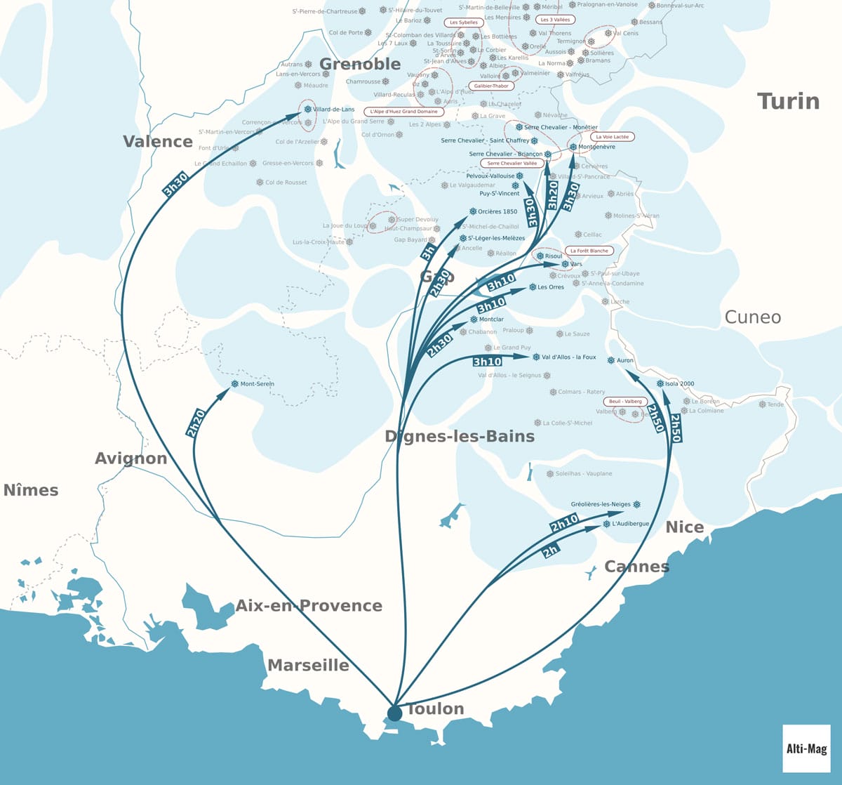 Carte des 15 stations de ski proche de Toulon