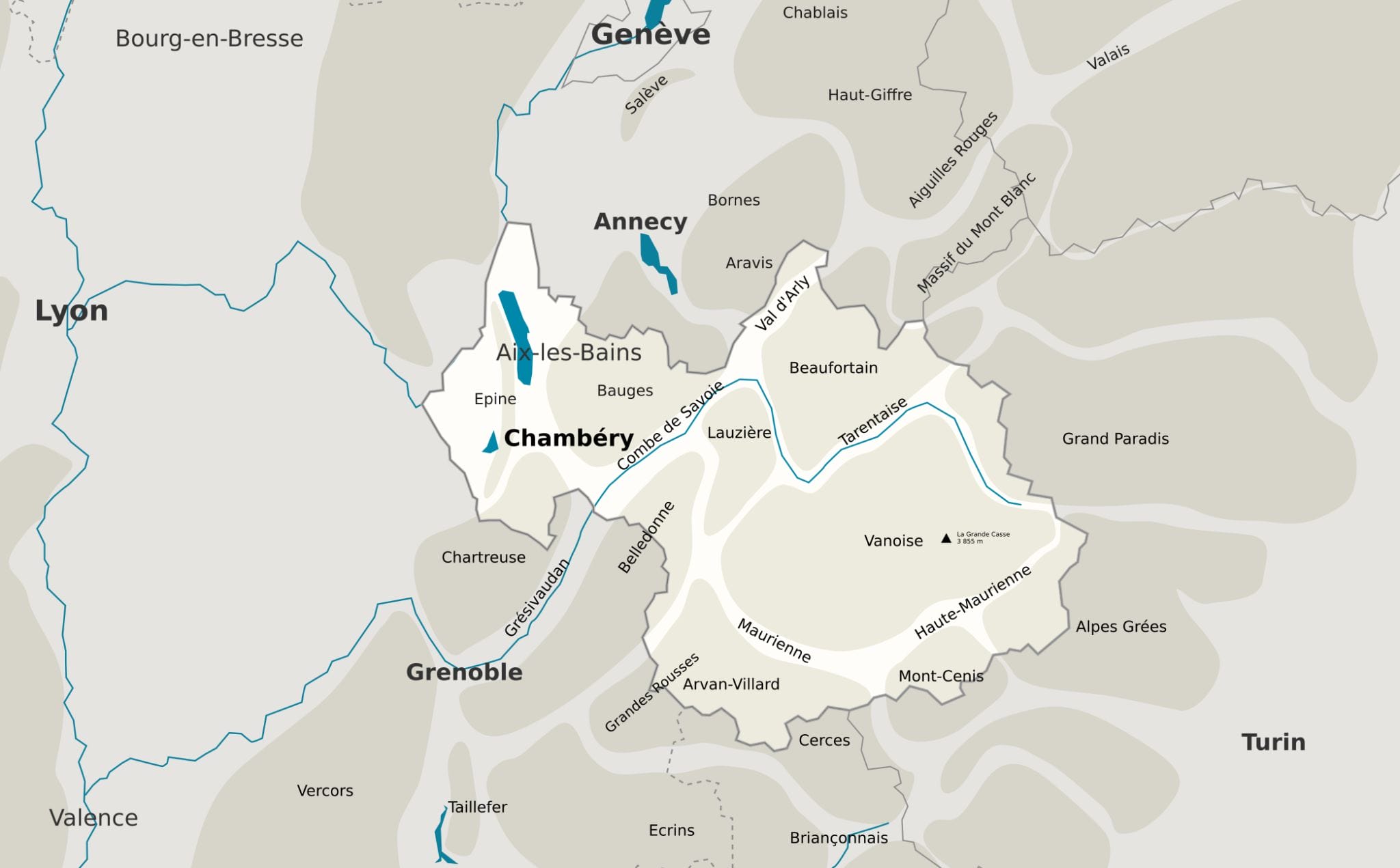 Carte des territoires et massifs de Savoie