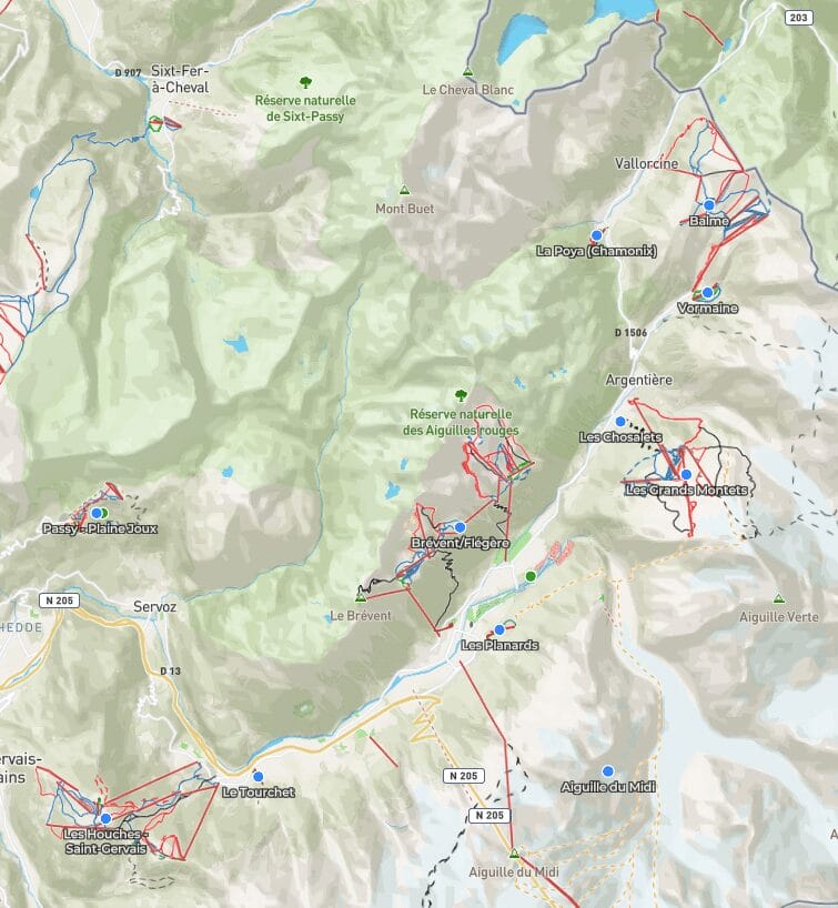 Carte des pistes et altitudes de Chamonix et sa vallée