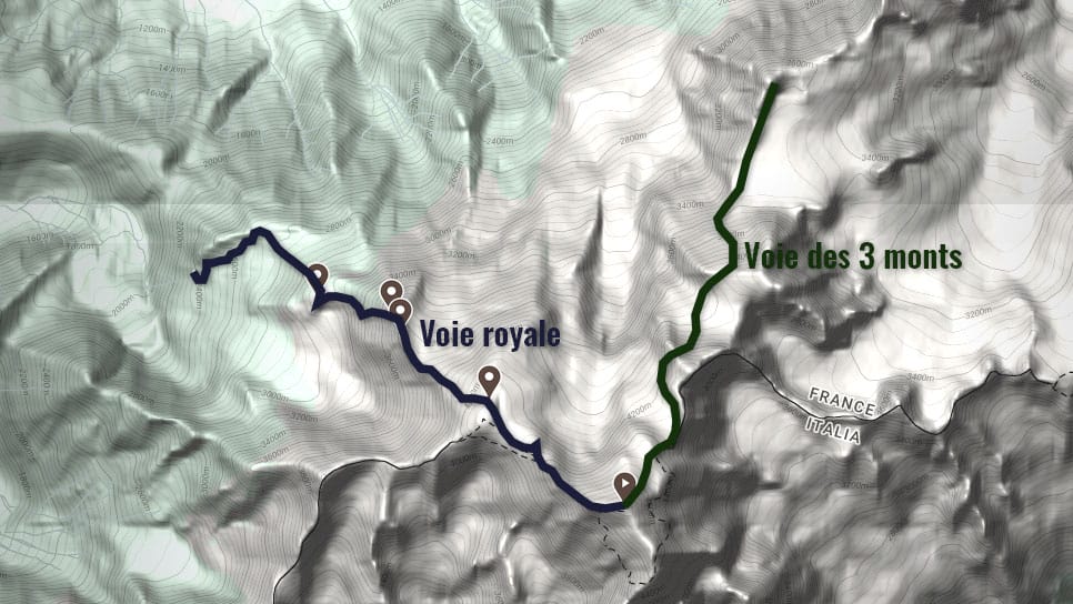 Les deux voies de la montée du mont Blanc