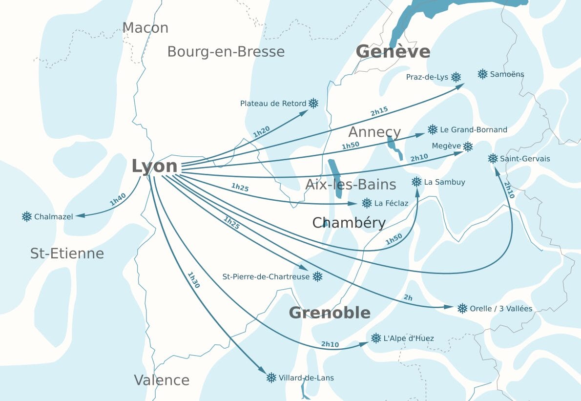 La carte des stations de ski les plus proches de Lyon
