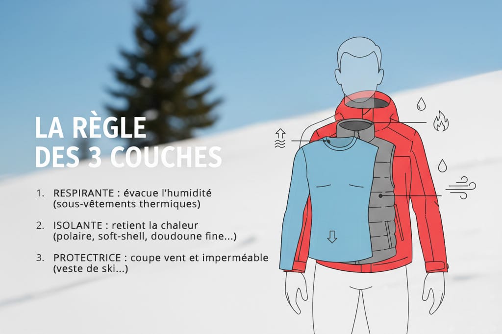 matériel de ski : les 3 couches : image IA