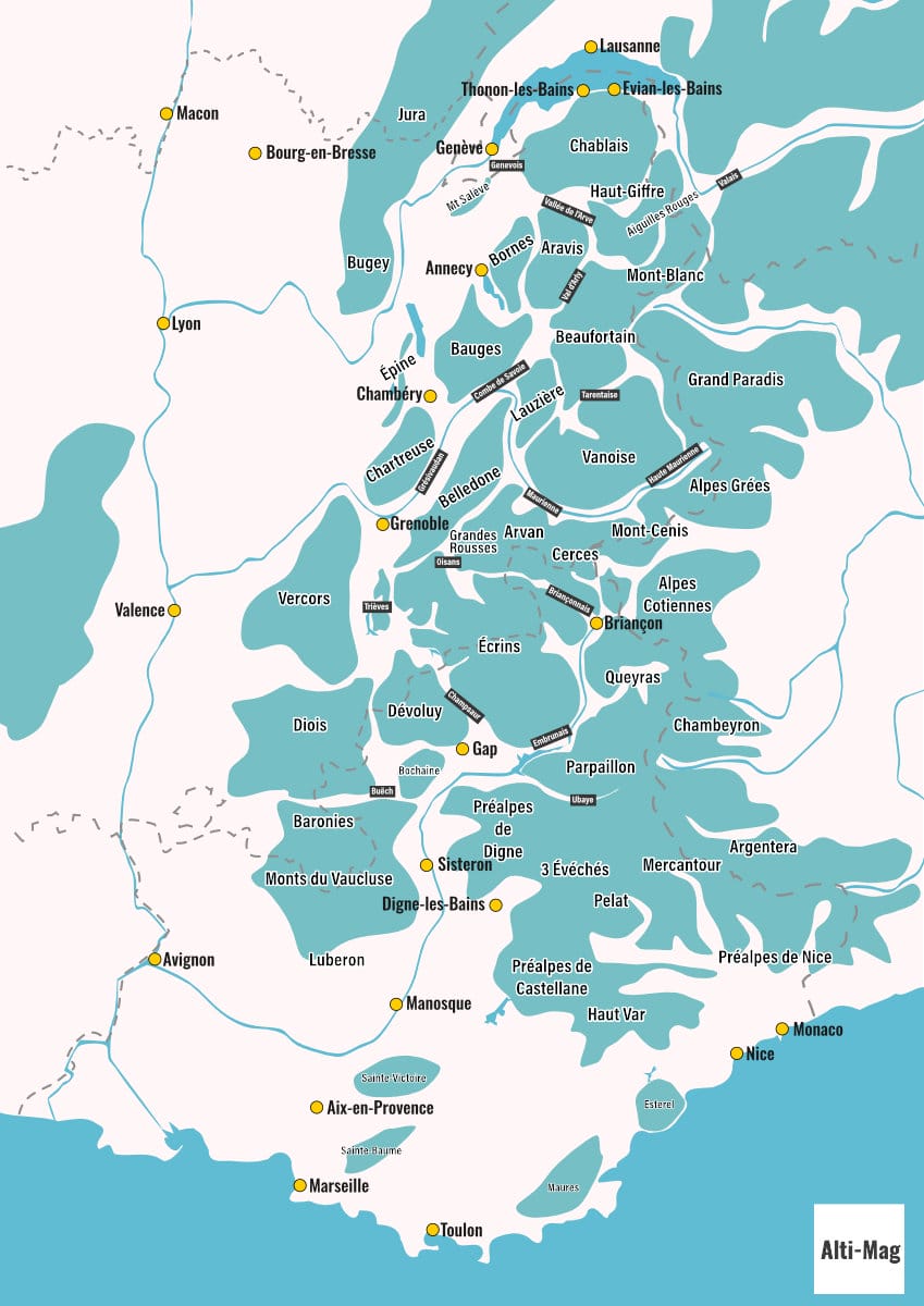 Carte des massifs des Alpes